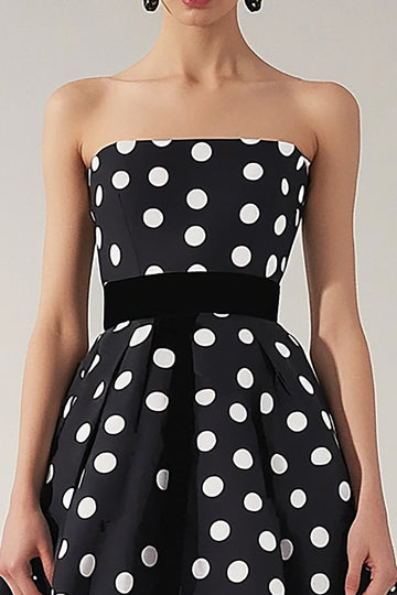 Strapless Black White A Line Polka Dot Dress
